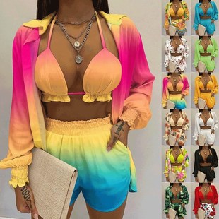 3Pcs set Shirt shorts beach wear Women bikini clothes summer