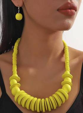 波西米亚风格木珠串项链 原创民族风毛衣链 混合金属圆珠设计 女