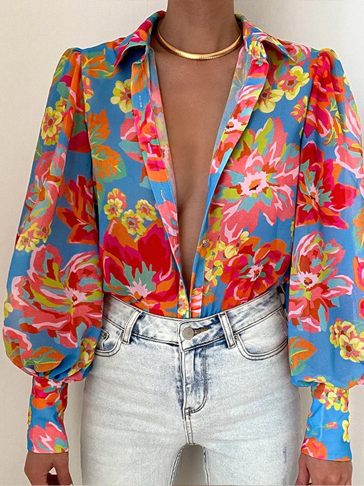 Women sexy printed blouse 2022欧美时尚性感花色上衣衬衣