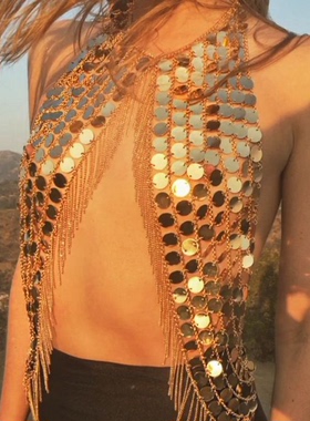 欧美跨境饰品 时尚链条朋克性感 街拍手工亮片流苏身体衣饰身体链