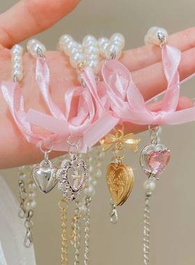 颈链Girl French Style romantic Pink Bow heart Pearl Necklace