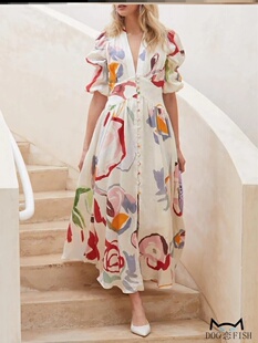 Bohemian dress波西米亚度假风大摆雪纺印花连衣长裙沙滩裙女裙子