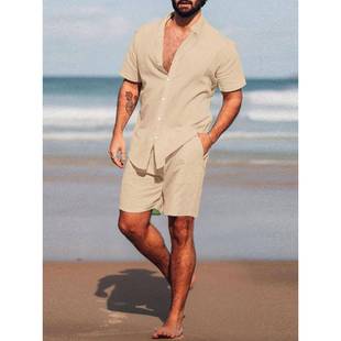 休闲衬衫 男士 纯色短袖 2025夏季 两件套Men& 大码 上衣短裤 39;s 新款