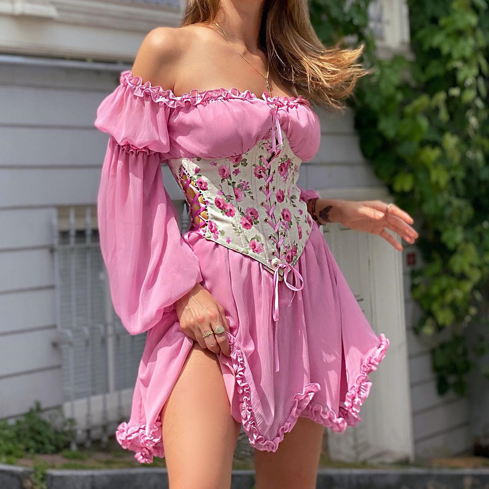 Party Dress欧美甜美花边束腰连衣裙生日派对性感温柔一字领抽绳