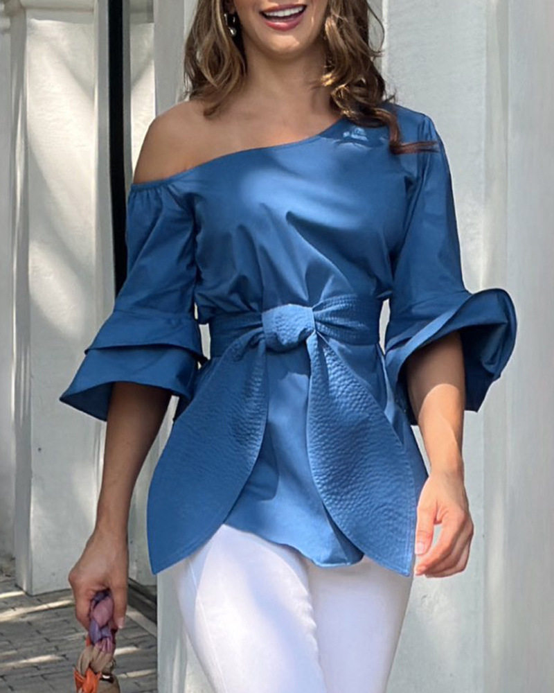 欧美时尚露肩腰部绑定时尚上衣Off shoulder waist binding top