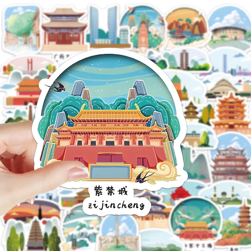 63张地标建筑贴滕王阁紫禁城纸创意行李箱手机桌面装饰防水贴画