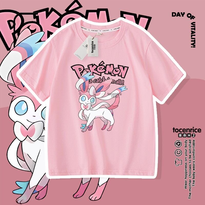 动漫伊布儿童短袖t恤夏季新款男女童pokemon宠物小精灵衣服