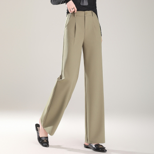 阔腿裤 子高腰宽松显瘦垂感休闲直筒裤 女夏季 裤 薄款 卡绿色气质西装