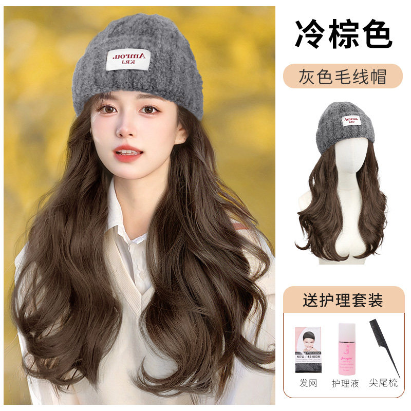 新款假发帽子一体女长卷发自然仿真发全真人发时尚毛绒贝雷帽全头