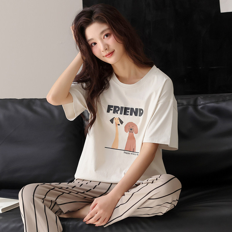 纯棉睡衣女春季圆领短袖长裤卡通可爱小狗家居服全棉夏天外穿睡衣