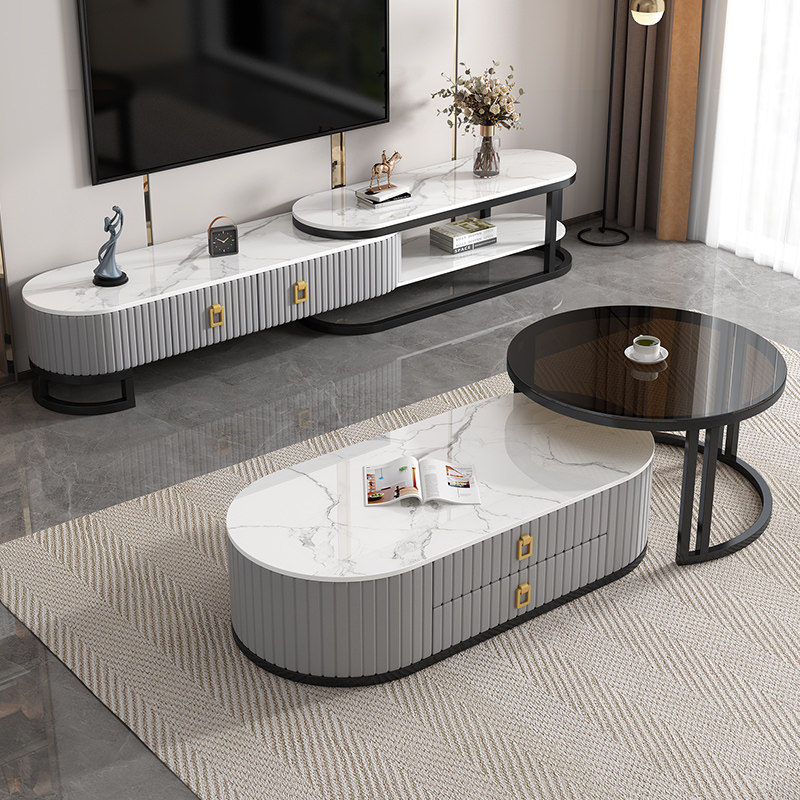 意式岩板茶几电视柜组合客厅家用小户型现代轻奢可伸缩圆形小桌子