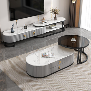 意式岩板茶几电视柜组合客厅家用小户型现代轻奢可伸缩圆形小桌子
