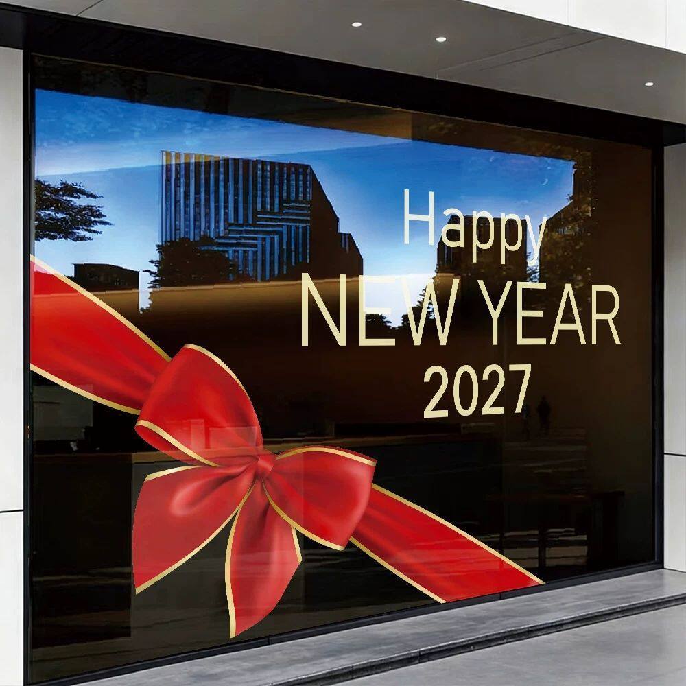 新年装饰品玻璃贴纸2027春节元旦蝴蝶结静电贴画窗贴场景布置窗花