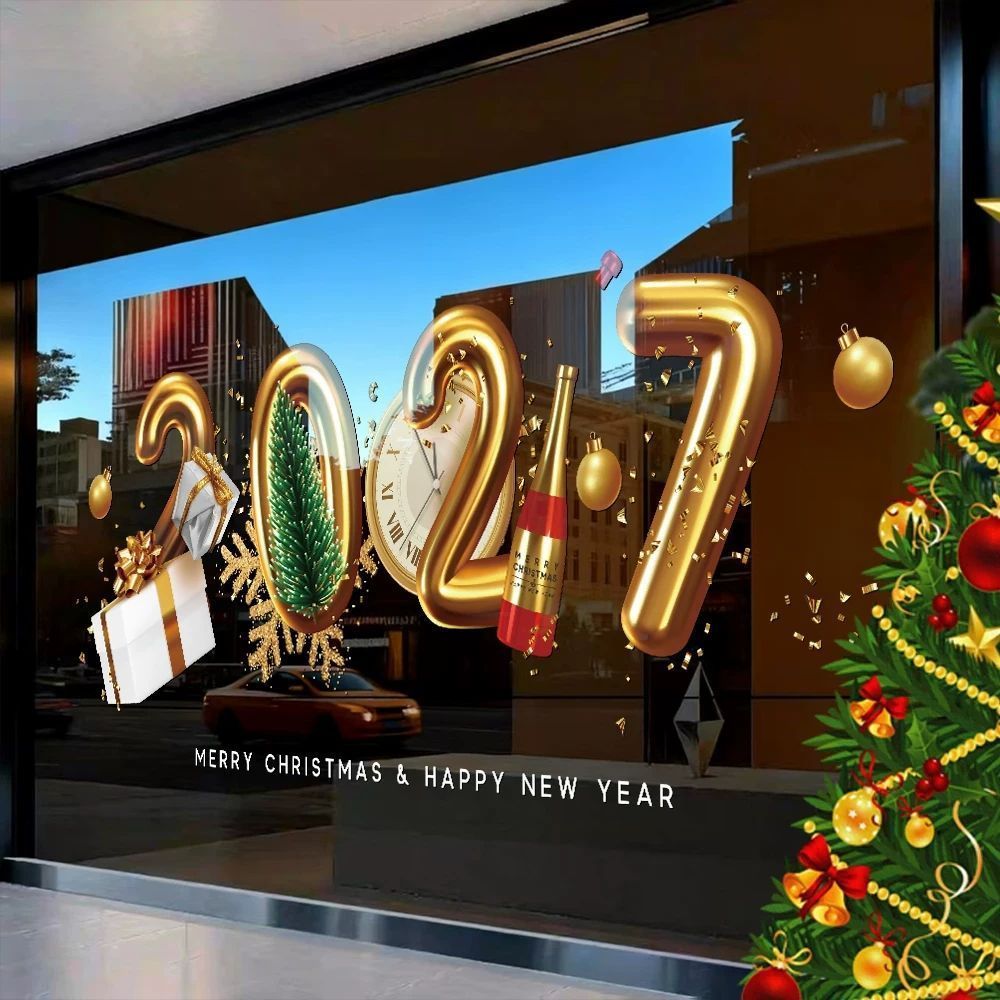 2027羊年新年装饰品玻璃门贴纸商场酒店橱窗元旦布置UV静电窗贴画