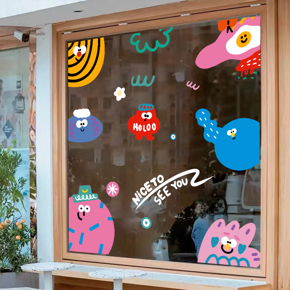ins风几何图形小怪兽插画贴纸店铺橱窗玻璃门贴网红店静电装饰贴图片