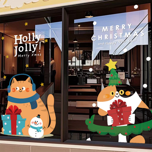 圣诞新年装饰品玻璃门贴纸卡通猫咪创意节日场景布置窗花静电贴