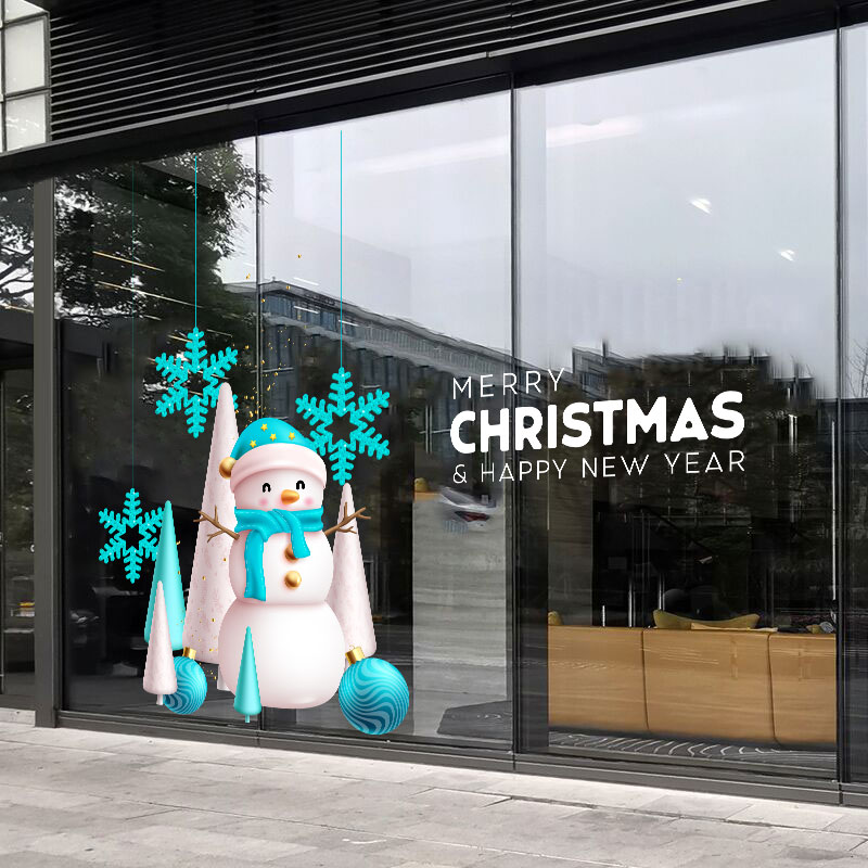 2026圣诞节雪人花装饰玻璃门贴纸服装珠宝店酒店商场橱窗静电贴画图片
