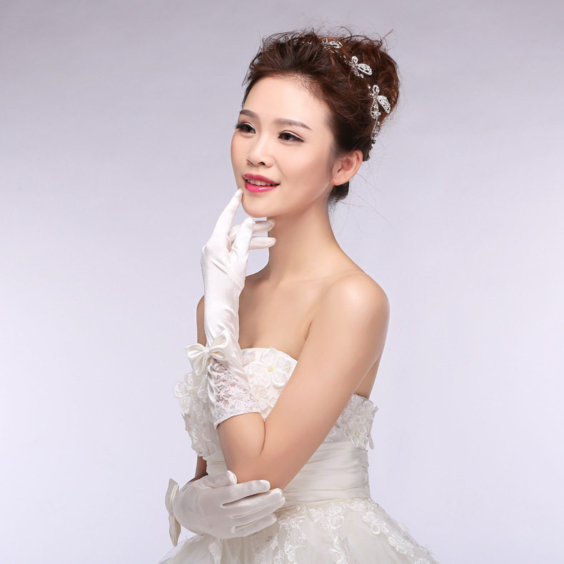 婚纱手套蕾丝新娘婚纱礼服饰手套全指对花缎缝珠蝴蝶节白色手套