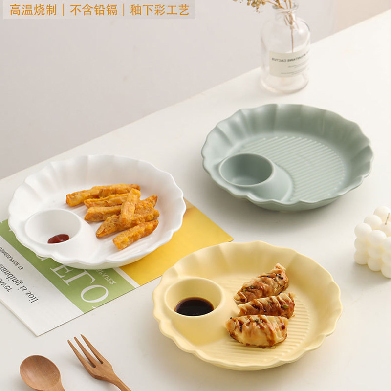 饺子盘子带醋陶瓷碟捞饺子盘家用厚实带醋碟餐具水饺盘网红碟子