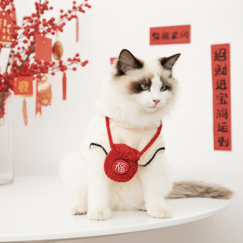 猫咪过年新年喜庆红火福袋手工编织猫猫项圈搞笑领结项链宠物饰品