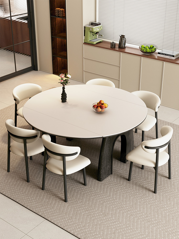 法式实木岩板餐桌可伸缩现代简约方圆两用家用小户型折叠可变圆桌