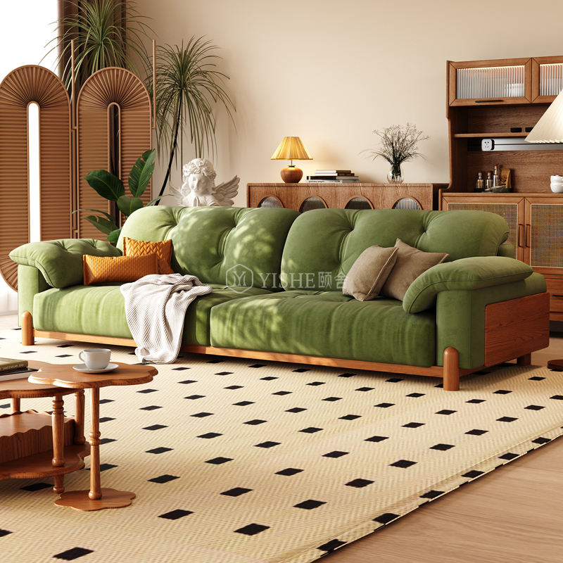 法式复古风中古实木大象耳朵沙发直排小户型客厅家具布艺沙发组合