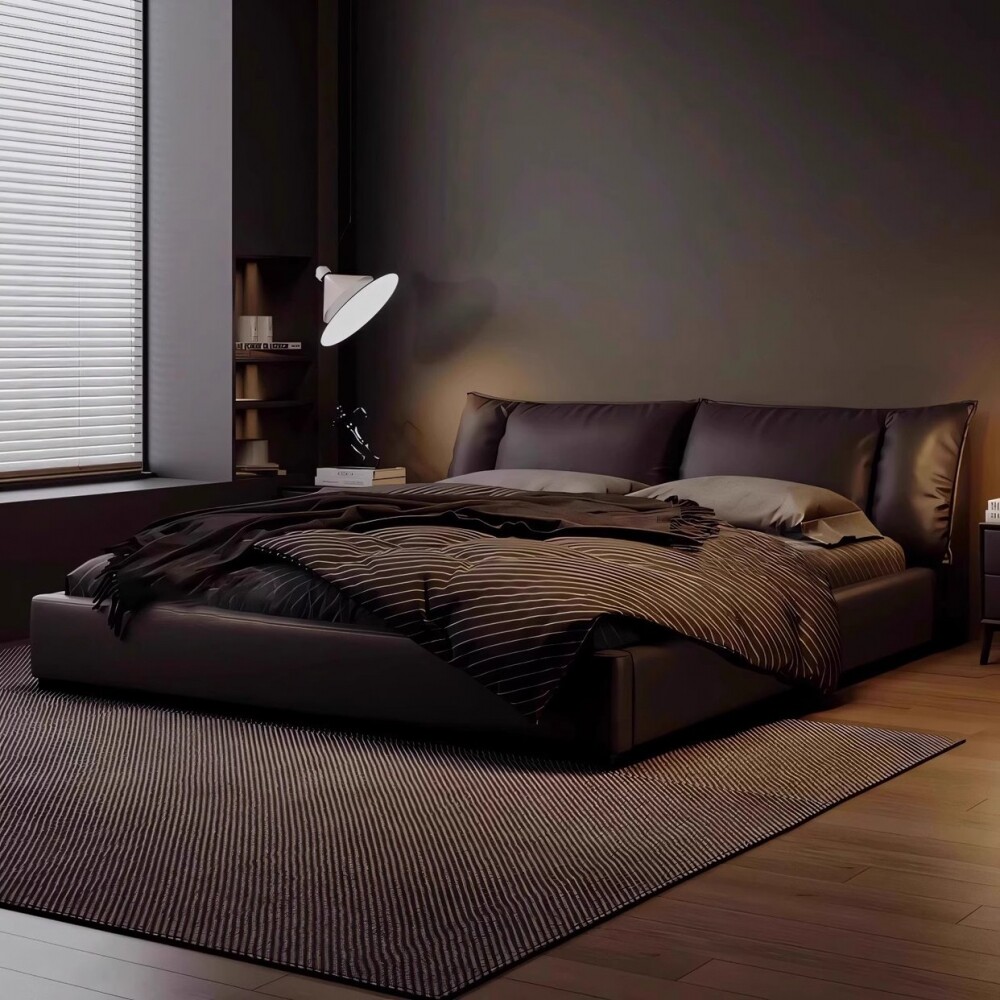 意式极简真皮床主卧高端大气现代简约2米x2米2大床黑色内嵌双人床