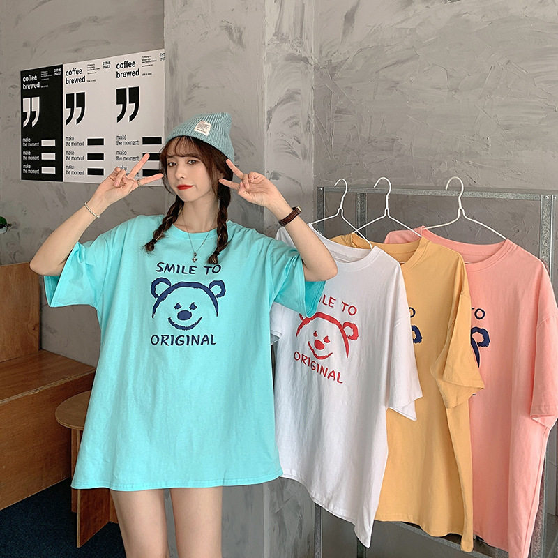 夏季2022韩版宽松可爱卡通小熊印花中长款糖果色短袖t恤上衣女装