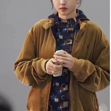 小马标复古灯芯绒情侣外套24秋冬新款美拉德棕纯棉立领哈灵顿夹克