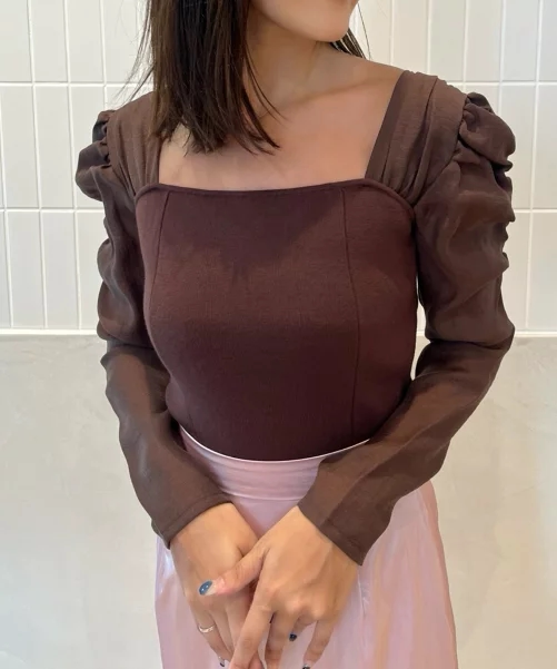 纯元  e1my，，， 人气翻单 方领风琴袖系带棉布拼接针织套头衫