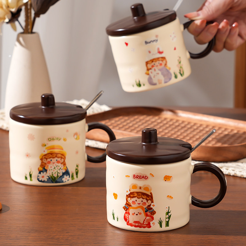 复古田园卡通陶瓷马克杯高颜值家用办公闺蜜女水杯子早餐杯带盖勺,餐饮具,马克杯,淘宝优惠券,粉丝福利购,淘宝优惠卷