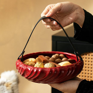 新年干果盘糖果盒家用陶瓷客厅双层乔迁水果盘过年零食分格收纳盒