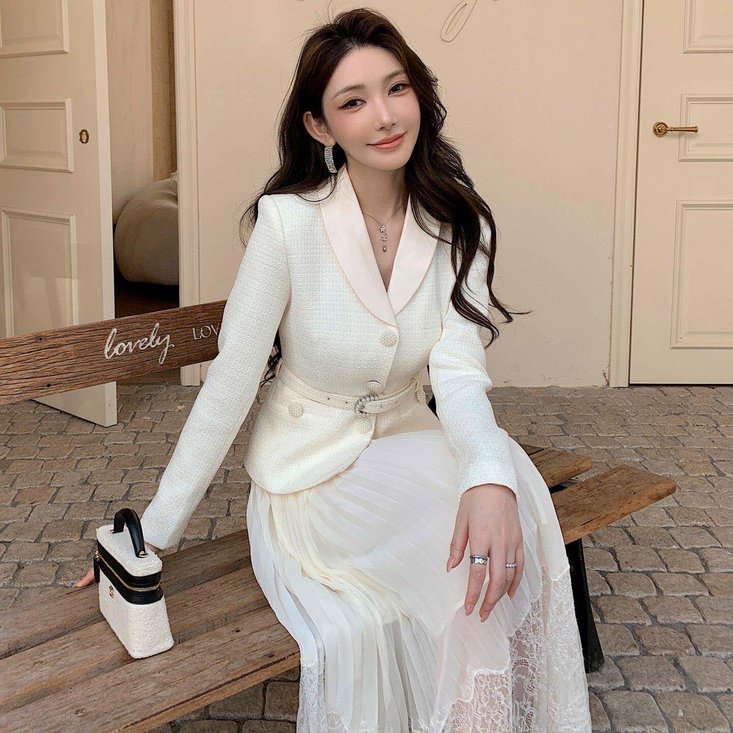 学媛蕾风女装通勤风米白色花呢袖百褶粗雪纺2643丝长裙假两件连长