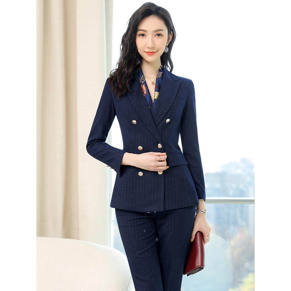 藏青条纹西装套装气质女神范服正装QYA5031+职业售楼西酒处店工作
