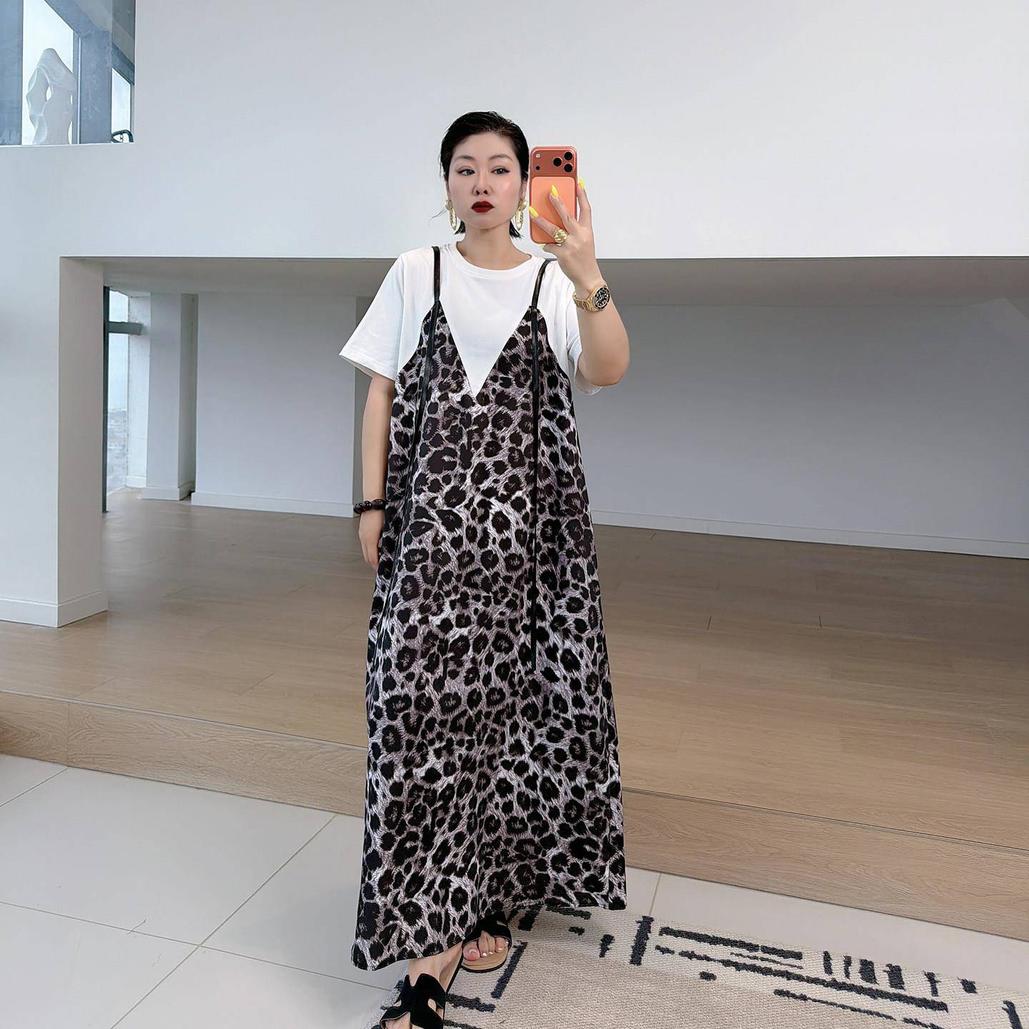 全LZW家 226新款码女装豹脂纹假两大件连衣裙独特漂亮长裙连0身裙