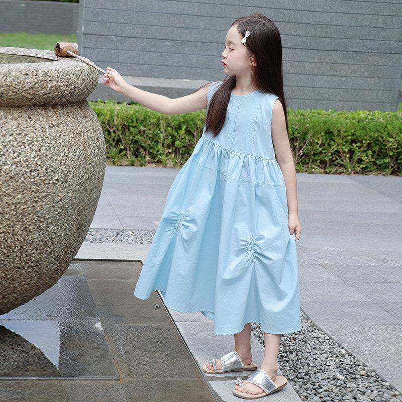 高级感蓝色女2576童衣连裙夏纯棉洋气中大儿裙童装季无袖公主韩版