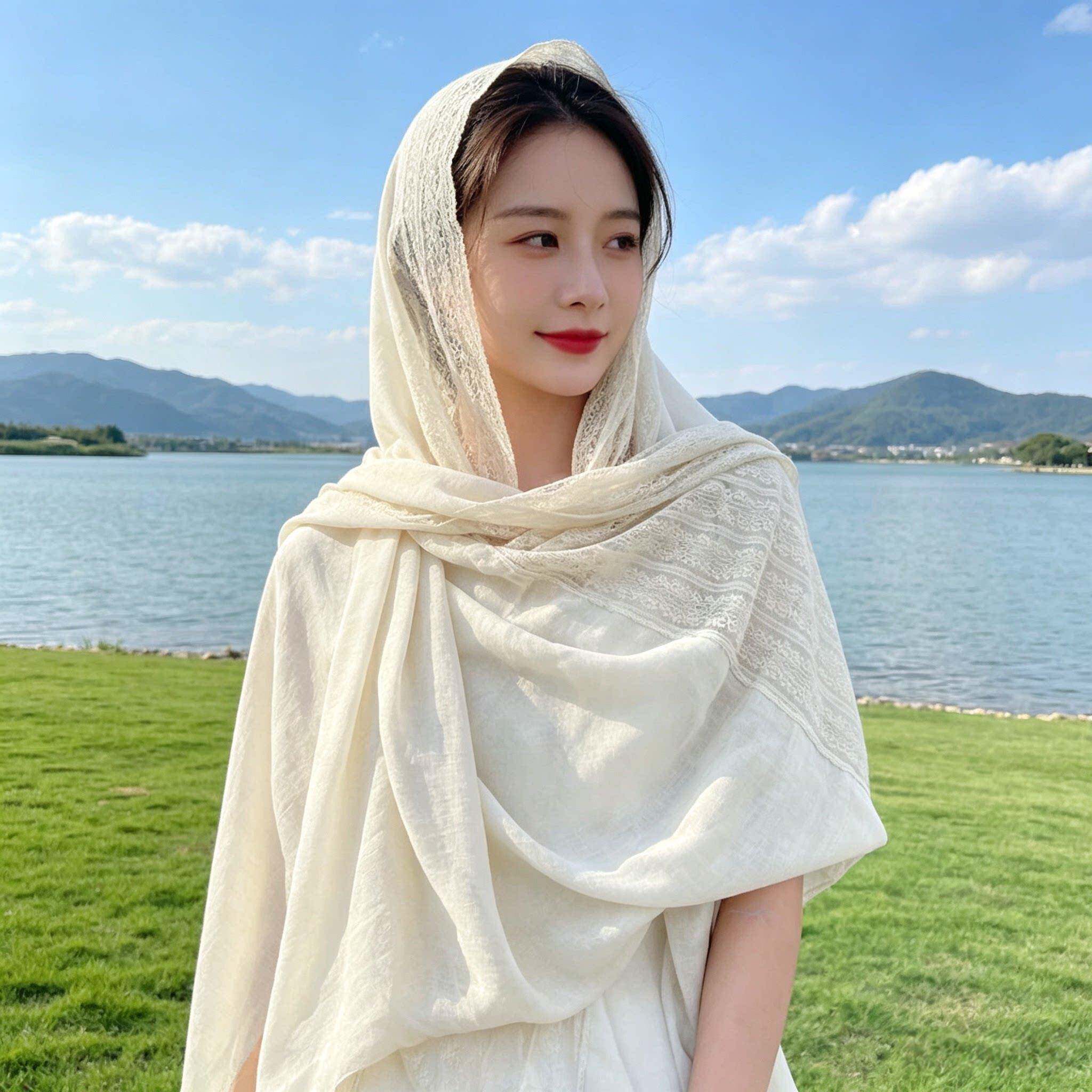 新款OYL春夏季蕾丝调高级秋感薄款围巾女空游纯色旅防晒披肩丝巾