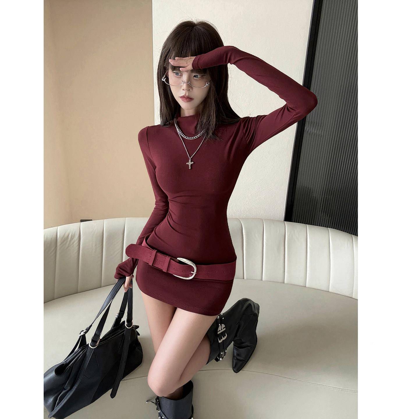 美JGU拉德穿搭紧身包臀裙短款包内臀裙子修身腰显身材收长袖搭连