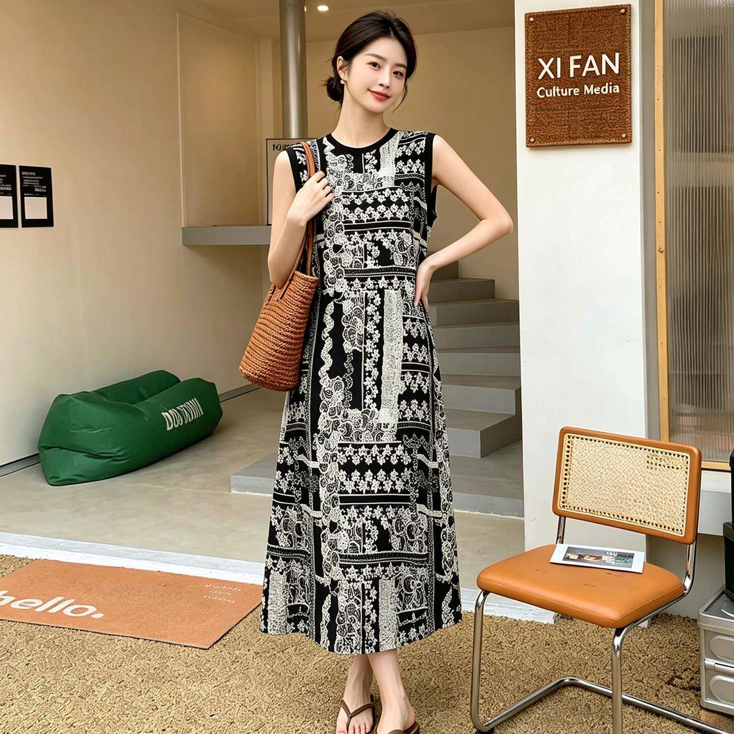 女士无连袖棉绸衣裙裙206新款Y281夏季大码宽2松妈妈款垂坠感印花