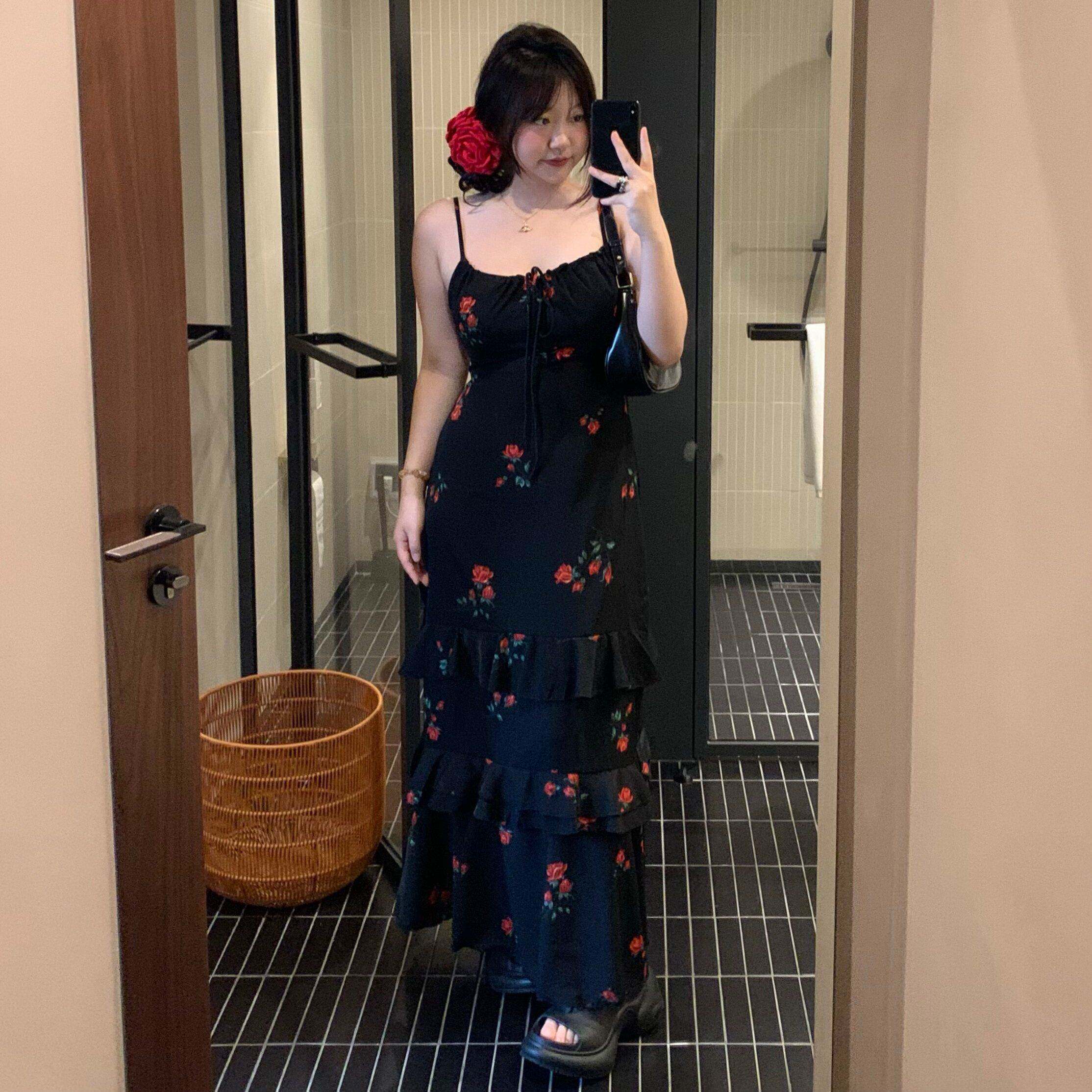 DEMA小德玛覆古黑色NKE吊带碎花洋装边荷叶鱼季女尾夏大尺码显瘦