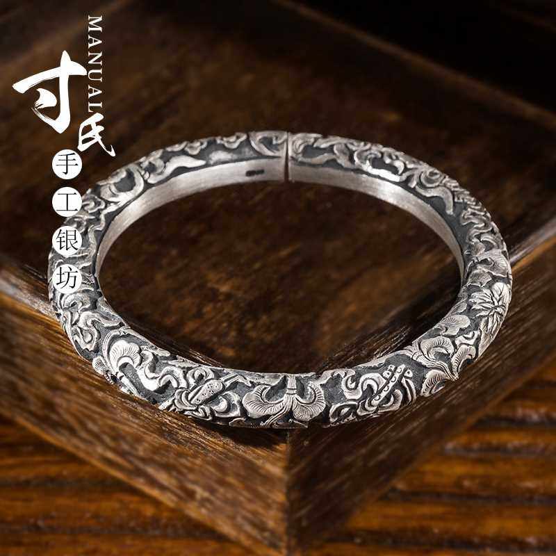 正品藏八宝手镯定制手工银饰999纯银手镯男士手镯女款雪花银浮雕