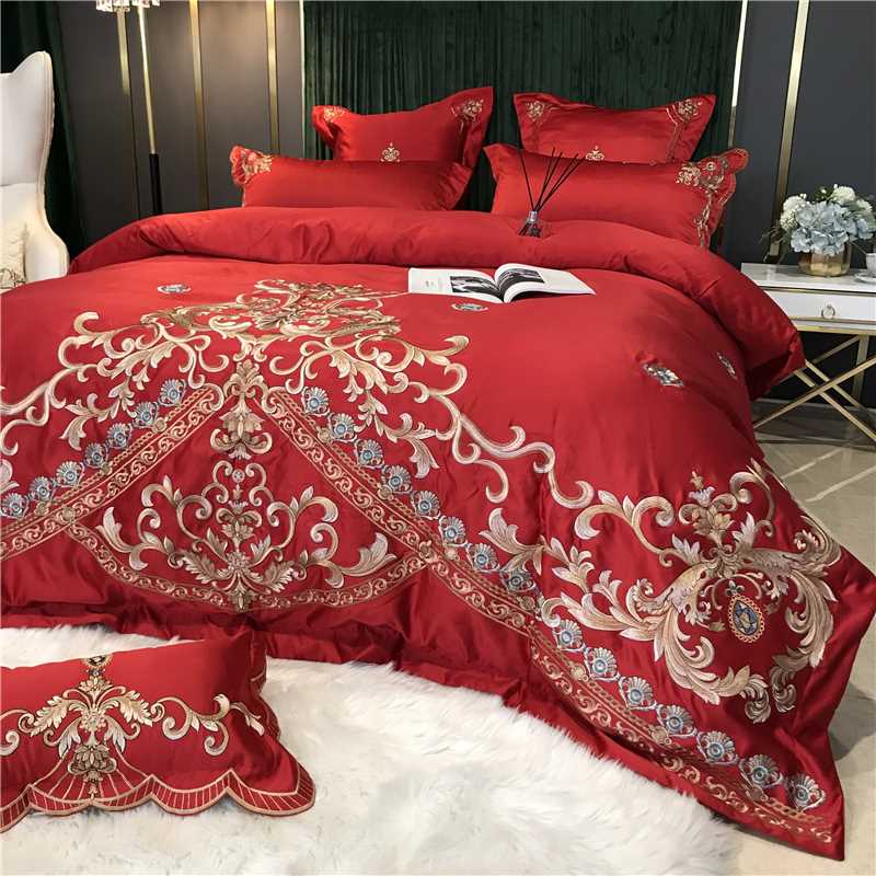正品婚庆高档纯棉全棉四件套大红色欧式真丝刺绣被套结婚床上用品