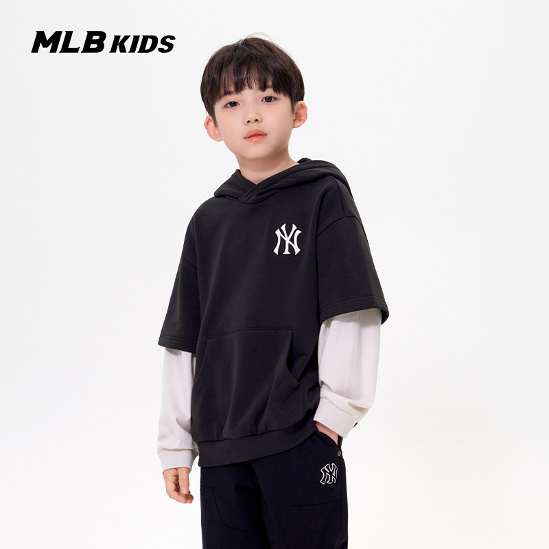 MLB儿童官方男女童复古老花满印老花背标假两件连帽衫秋冬款