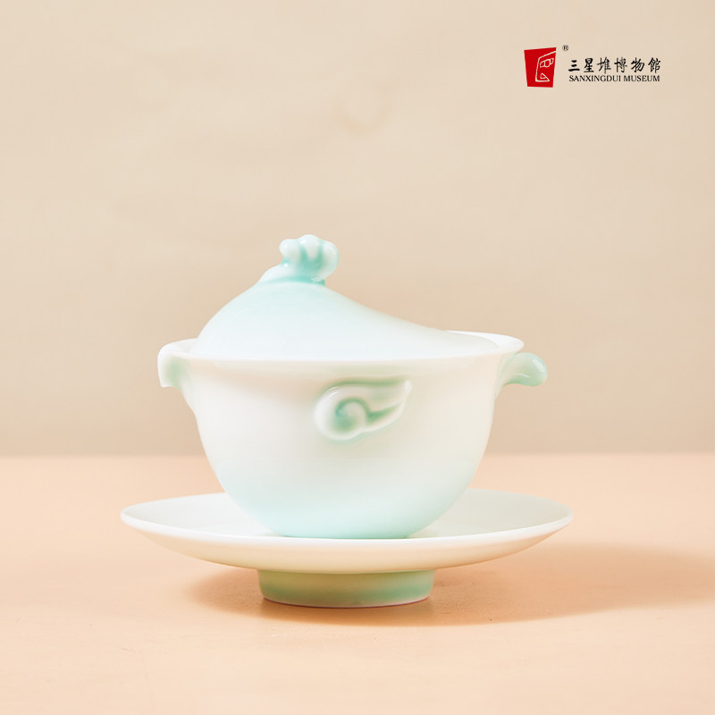 三星堆博物馆凤鸟盖碗杯古风品茗杯天青色粉色中式