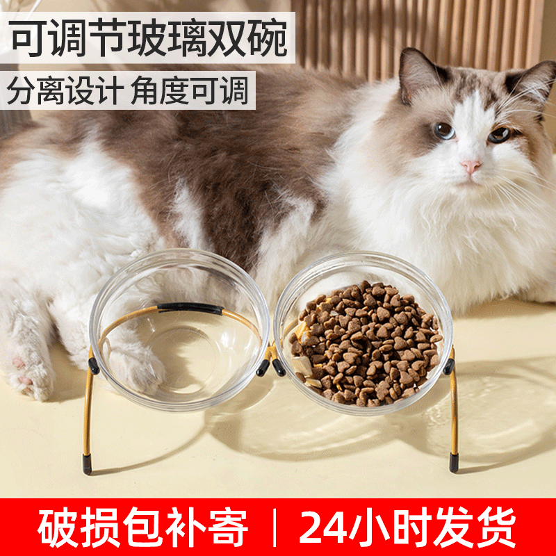 猫咪吃饭玻璃斜口双碗猫碗喝水碗