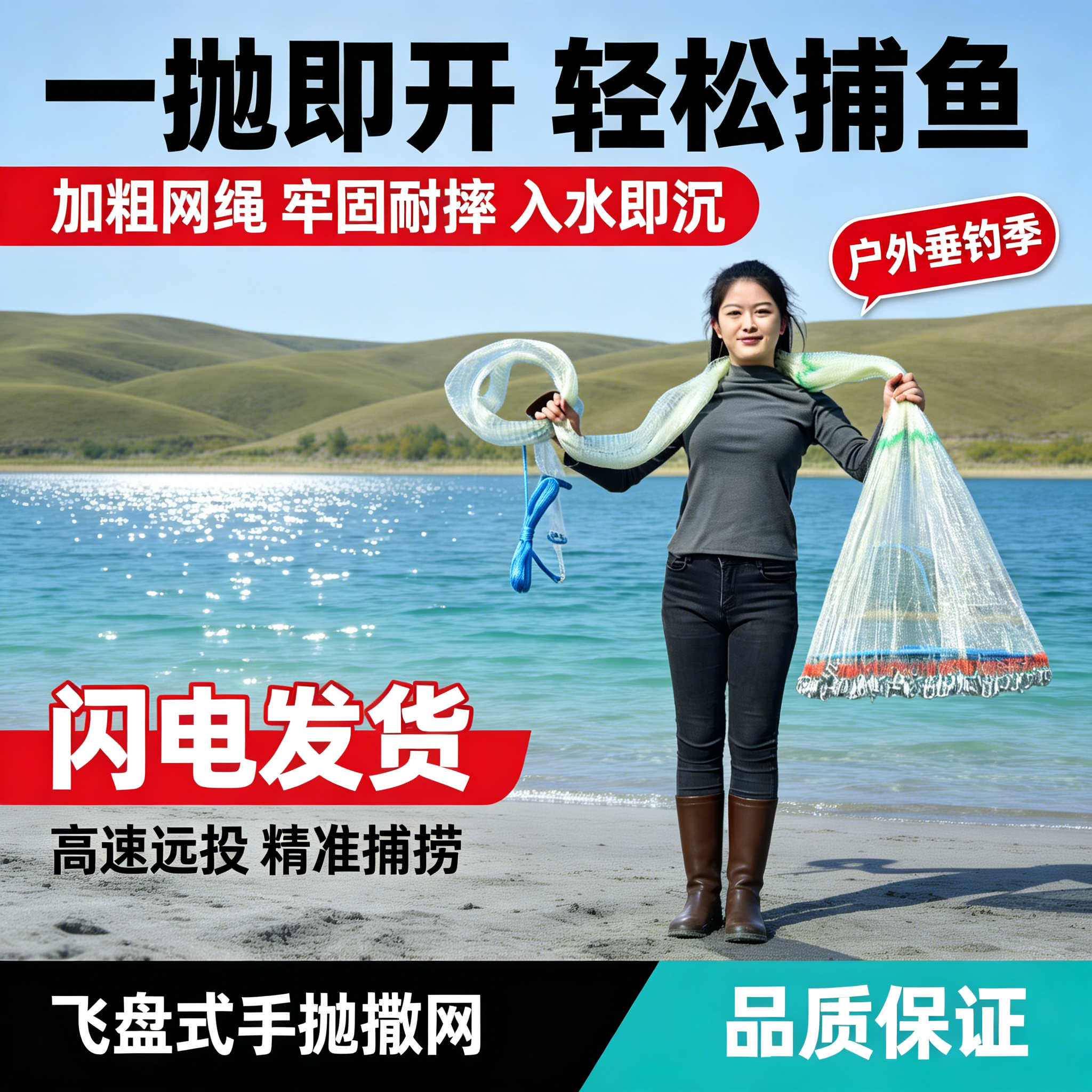 强韧绳体编织撒网抗拉承重出色拖拽拉扯不易断裂经久耐用渔网耐造