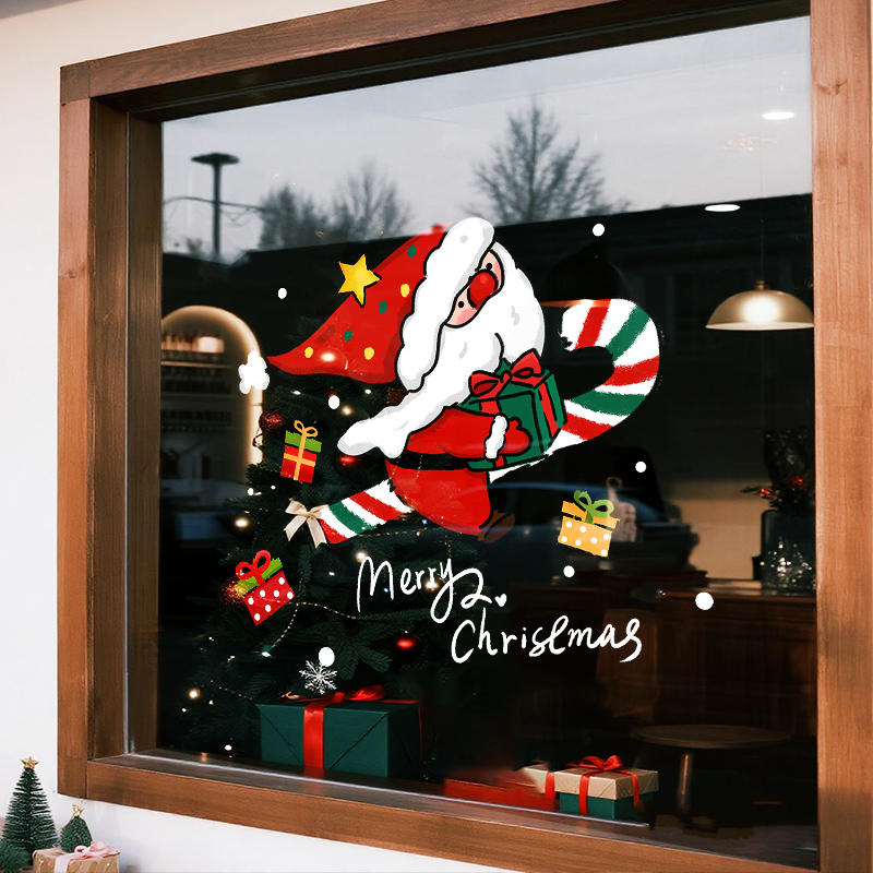 圣诞节装饰品圣诞老人玻璃门贴纸店铺氛围布置品静电贴窗花贴画