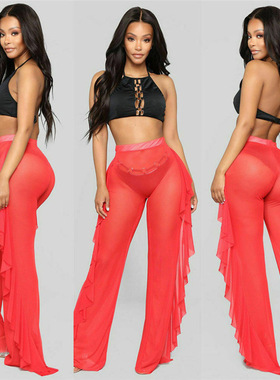 2020亚马逊跨境欧美纯色荷叶边性感网纱透视长裤现货 women pants