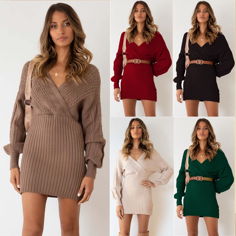 V collar sexy twist long women's knitted sweater hip ski
