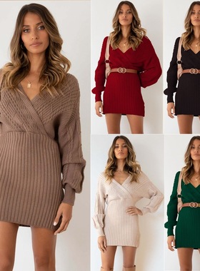 V collar sexy twist long women's knitted sweater hip ski